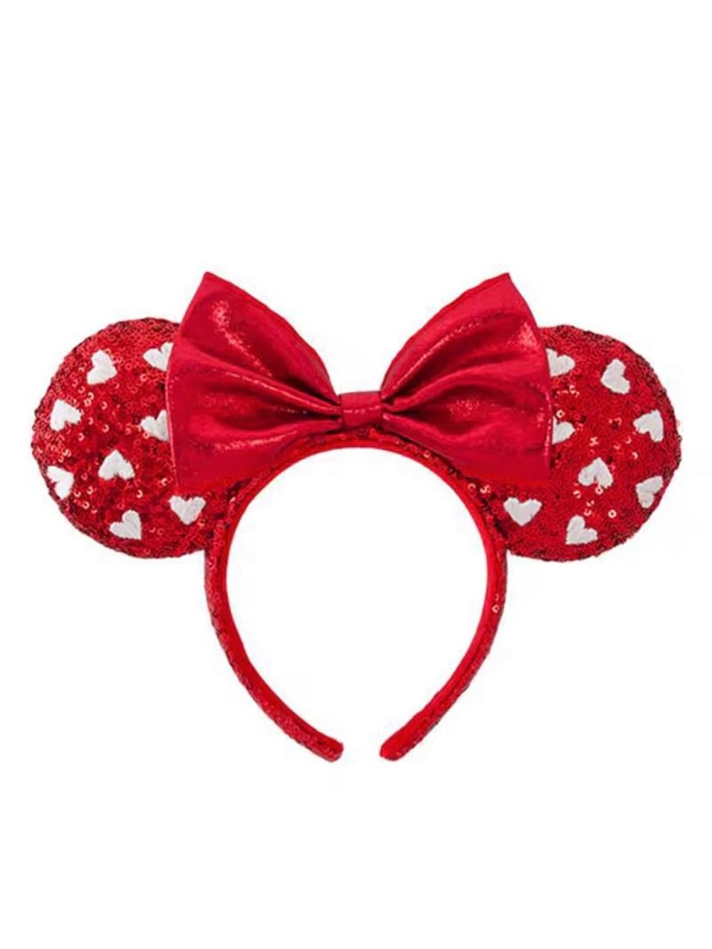 Disney Parks Valentine’s Day Red Sequin & White Hearts Minnie Mouse Ear Headband
